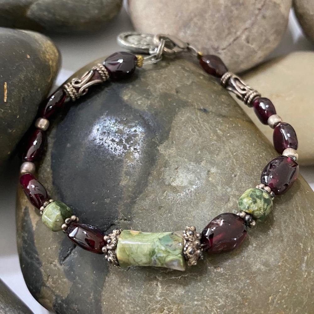 Handmade United We Live Green Jasper & Red Agate Sterling Silver Boho Bracelet